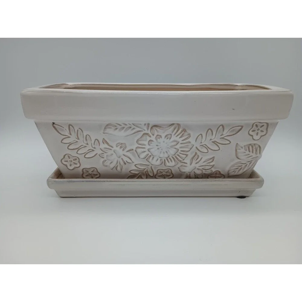 Ceramic Planter Rectangular Flower Ivory Cottage Core Granny Spring Floral